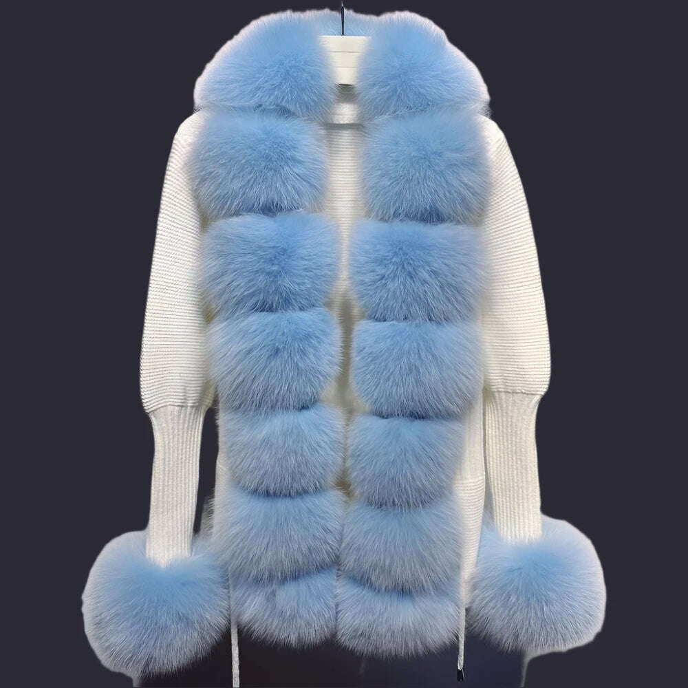 YOLOAgain Autumn Elegant Slim Black Sweater Real Fox Fur Cardigan Women Outerwear - KIMLUD