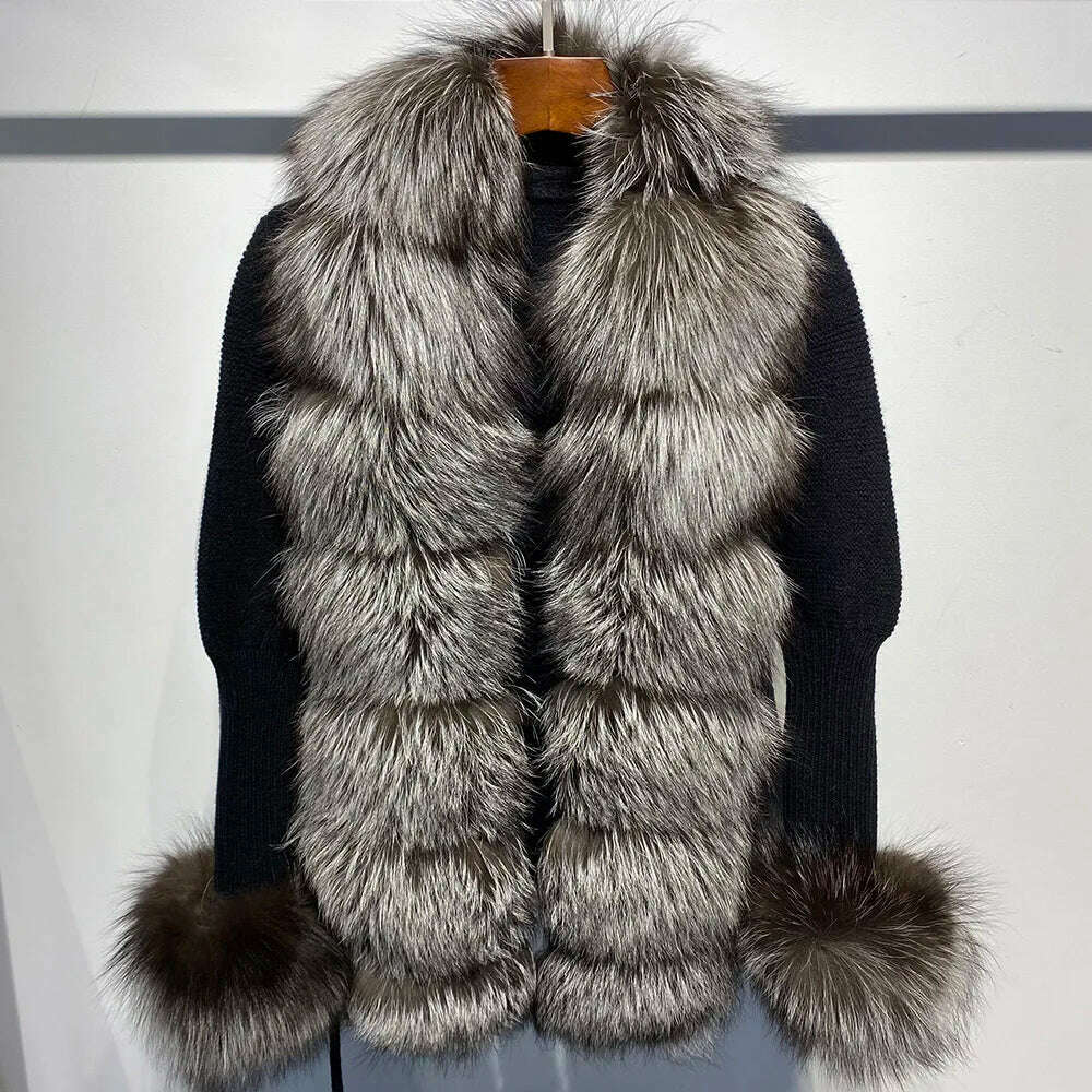 YOLOAgain Autumn Elegant Slim Black Sweater Real Fox Fur Cardigan Women Outerwear - KIMLUD