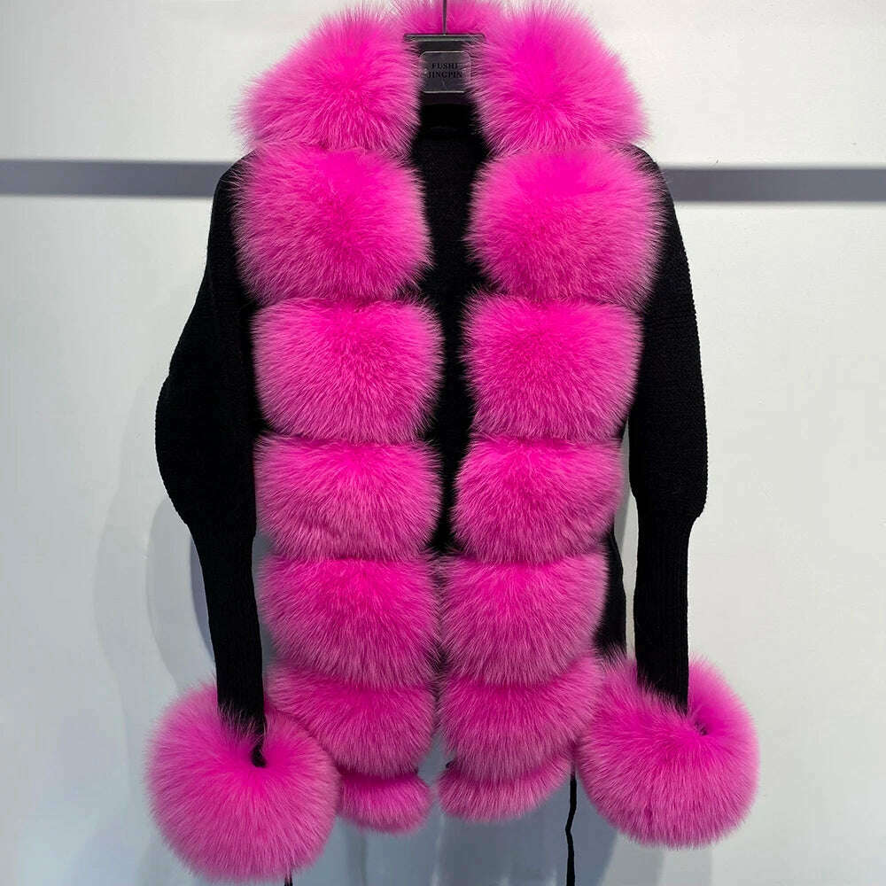 YOLOAgain Autumn Elegant Slim Black Sweater Real Fox Fur Cardigan Women Outerwear - KIMLUD