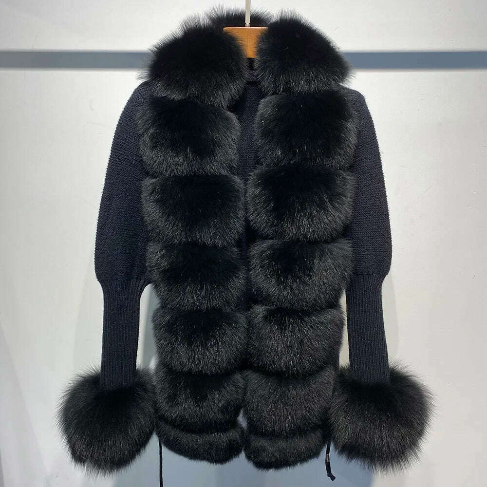 YOLOAgain Autumn Elegant Slim Black Sweater Real Fox Fur Cardigan Women Outerwear - KIMLUD