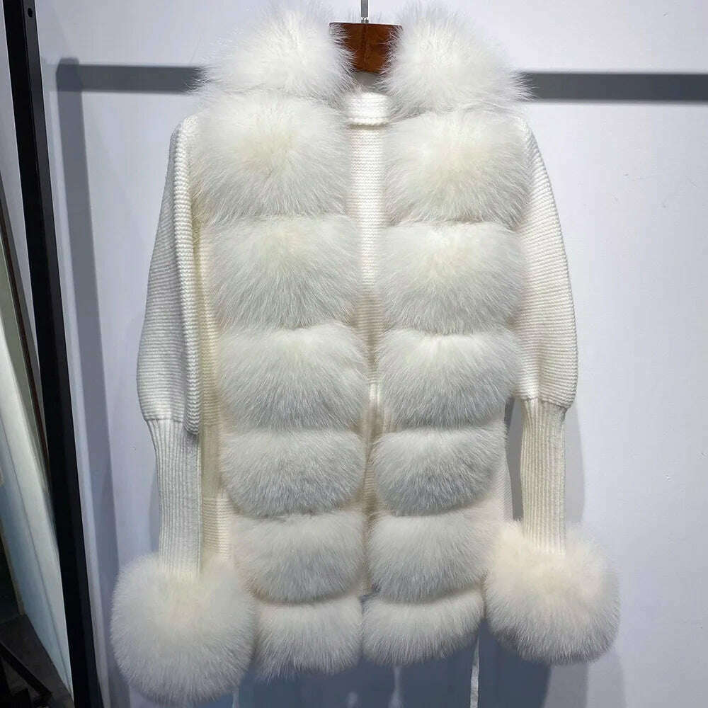 YOLOAgain Autumn Elegant Slim Black Sweater Real Fox Fur Cardigan Women Outerwear - KIMLUD