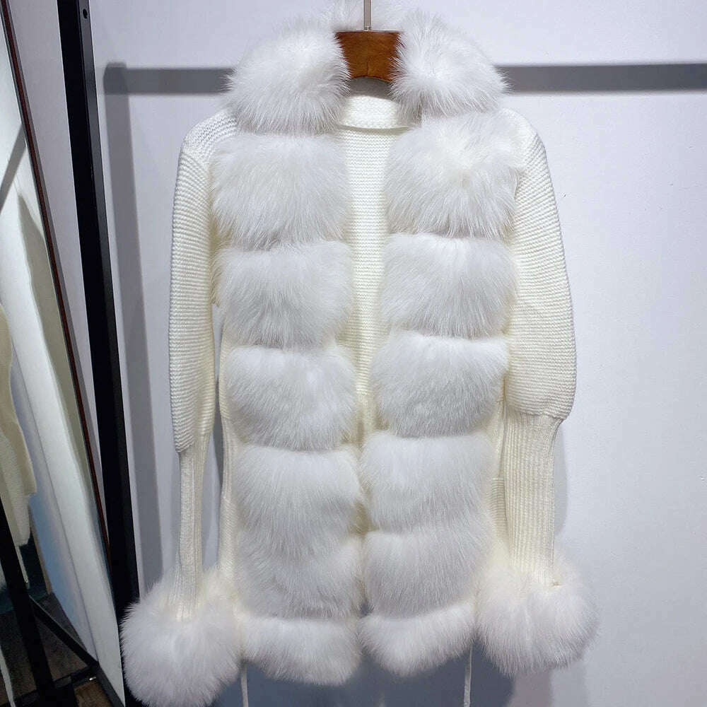 YOLOAgain Autumn Elegant Slim Black Sweater Real Fox Fur Cardigan Women Outerwear - KIMLUD