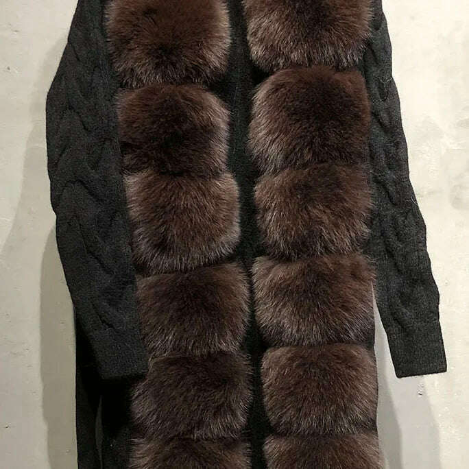 YOLOAgain Autumn Elegant Slim Black Sweater Real Fox Fur Cardigan Women Outerwear - KIMLUD