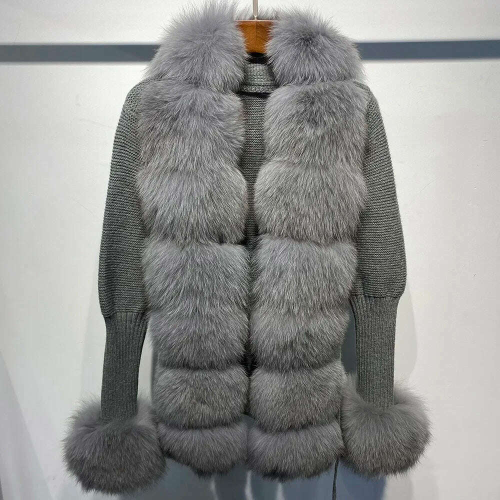 YOLOAgain Autumn Elegant Slim Black Sweater Real Fox Fur Cardigan Women Outerwear - KIMLUD