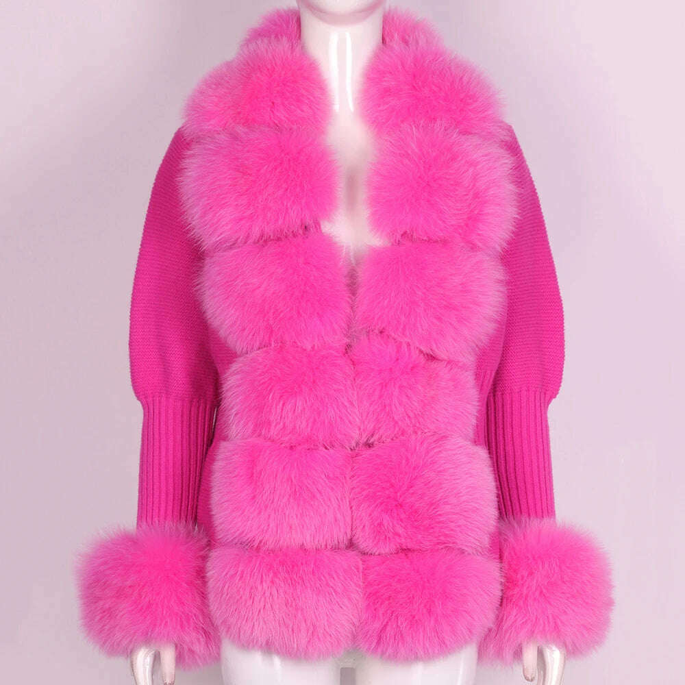 YOLOAgain Autumn Elegant Slim Black Sweater Real Fox Fur Cardigan Women Outerwear - KIMLUD