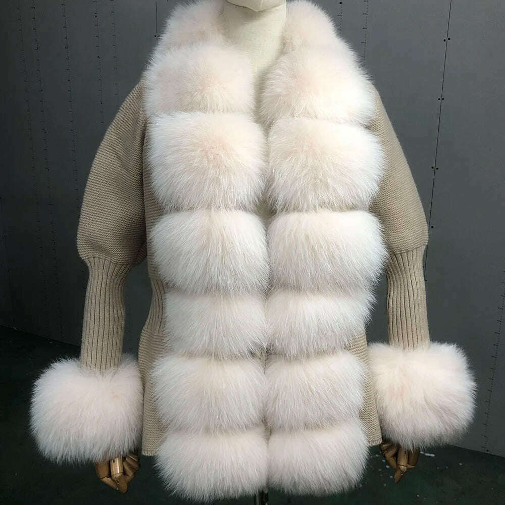 YOLOAgain Autumn Elegant Slim Black Sweater Real Fox Fur Cardigan Women Outerwear - KIMLUD