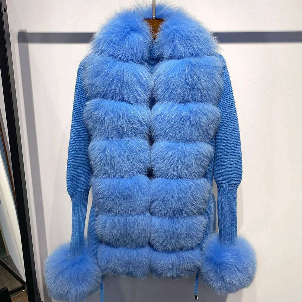 YOLOAgain Autumn Elegant Slim Black Sweater Real Fox Fur Cardigan Women Outerwear - KIMLUD