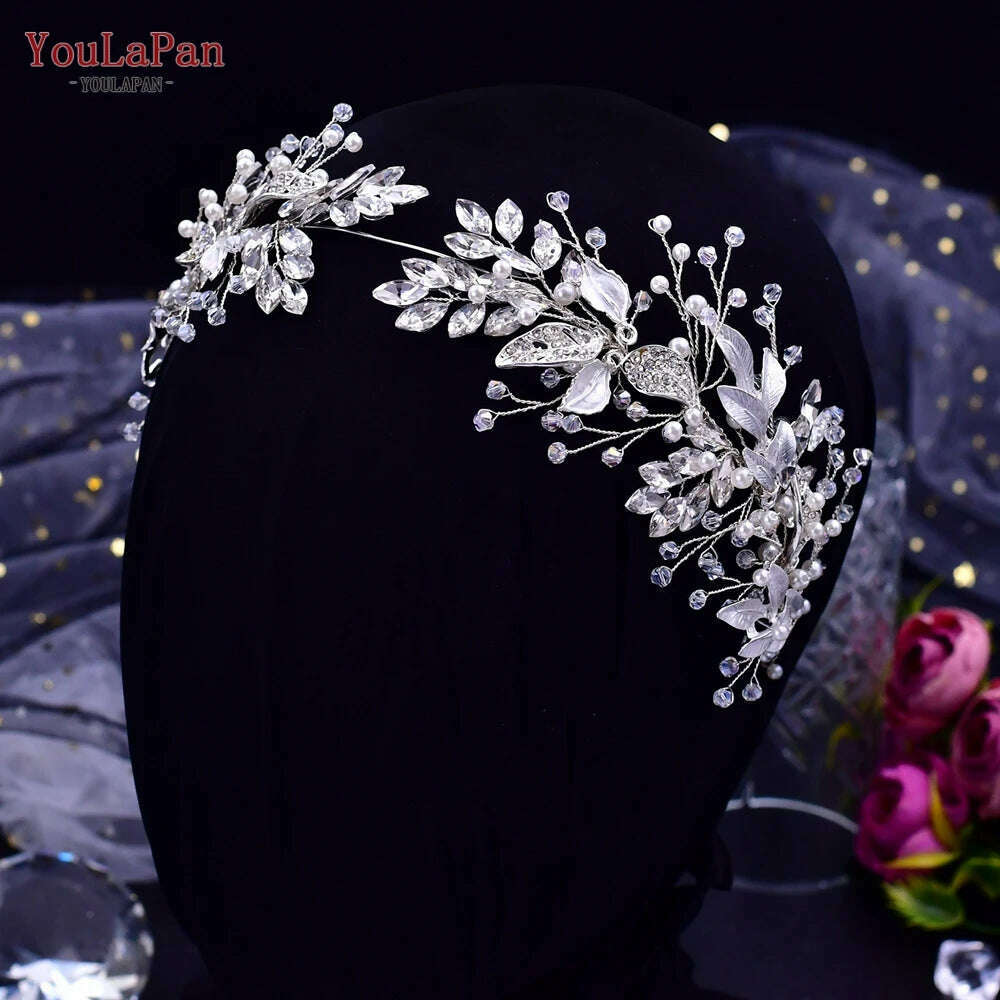 KIMLUD, YouLaPan Alloy Leaves Headband Bridal Wedding Rhinestone Headwear Delicate Handmade Beaded Crystal Jewelry Hair Accessory HP272, KIMLUD Womens Clothes