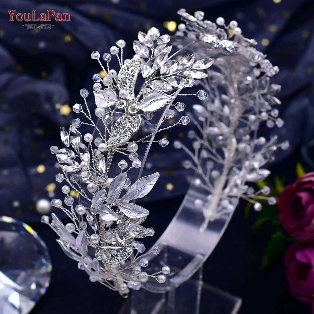 KIMLUD, YouLaPan Alloy Leaves Headband Bridal Wedding Rhinestone Headwear Delicate Handmade Beaded Crystal Jewelry Hair Accessory HP272, KIMLUD Womens Clothes