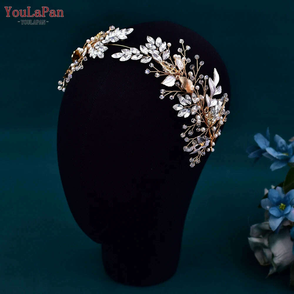 KIMLUD, YouLaPan Alloy Leaves Headband Bridal Wedding Rhinestone Headwear Delicate Handmade Beaded Crystal Jewelry Hair Accessory HP272, KIMLUD Womens Clothes