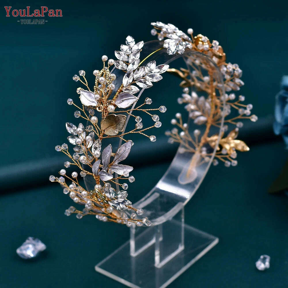 KIMLUD, YouLaPan Alloy Leaves Headband Bridal Wedding Rhinestone Headwear Delicate Handmade Beaded Crystal Jewelry Hair Accessory HP272, HP272-g / CHINA, KIMLUD APPAREL - Womens Clothes