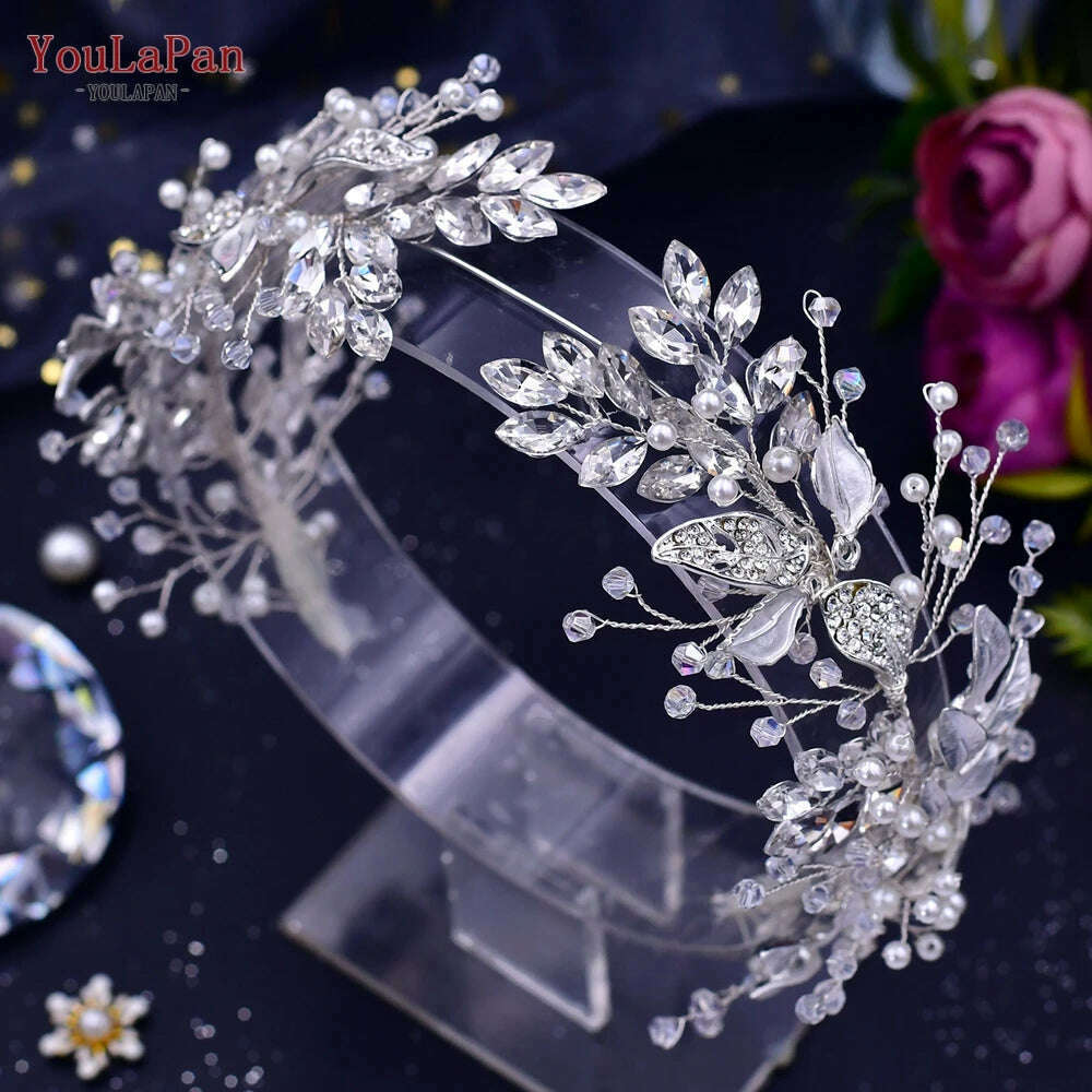 KIMLUD, YouLaPan Alloy Leaves Headband Bridal Wedding Rhinestone Headwear Delicate Handmade Beaded Crystal Jewelry Hair Accessory HP272, HP272-S / CHINA, KIMLUD APPAREL - Womens Clothes