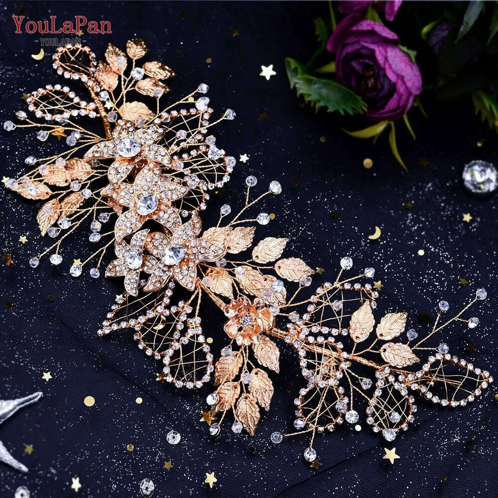 YouLaPan HP282 Wedding Headband Alloy Flower Leaf Hair Tiara Rhinestone Headpiece Bridal Headwear Hair Accessories Head Jewelry - KIMLUD