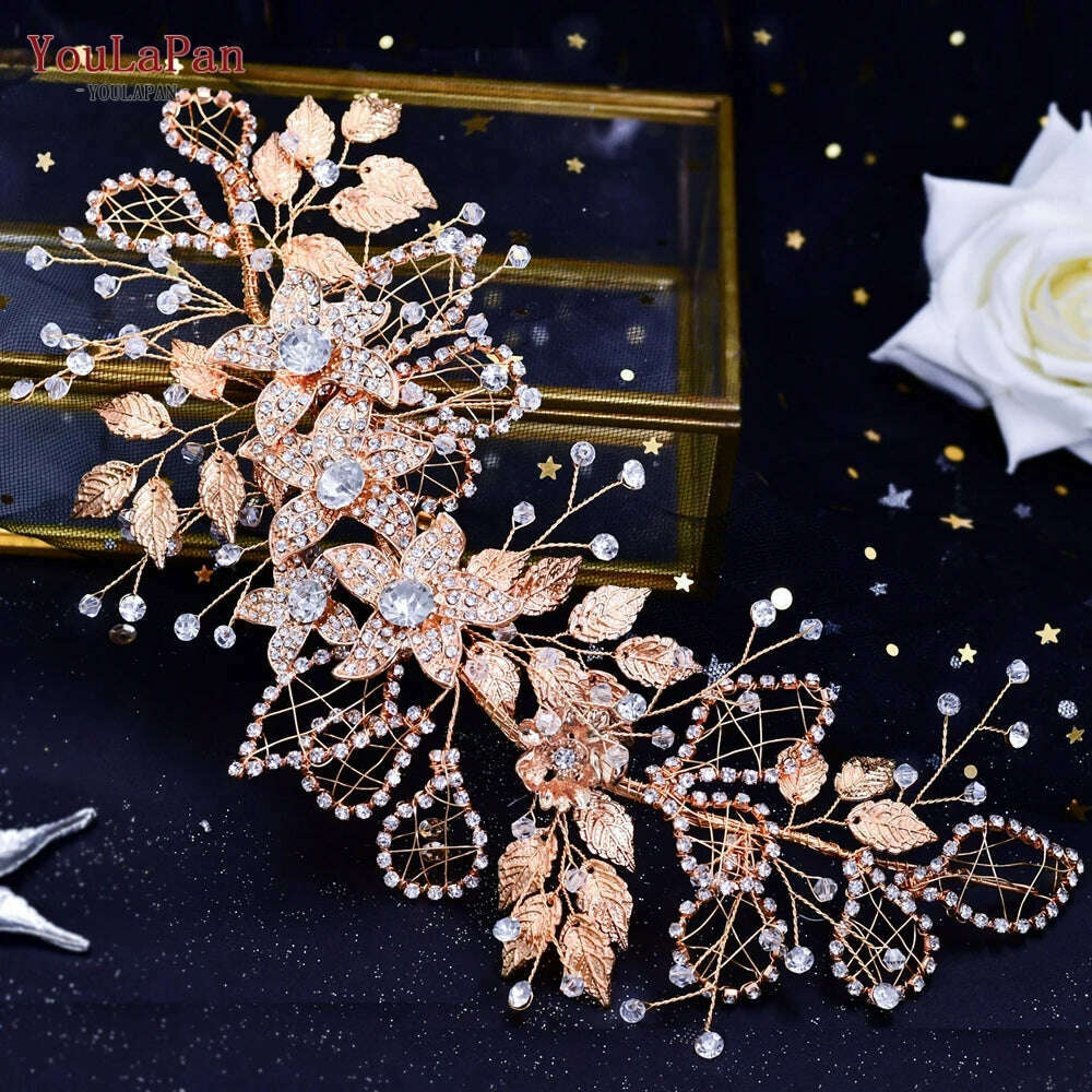 YouLaPan HP282 Wedding Headband Alloy Flower Leaf Hair Tiara Rhinestone Headpiece Bridal Headwear Hair Accessories Head Jewelry - KIMLUD