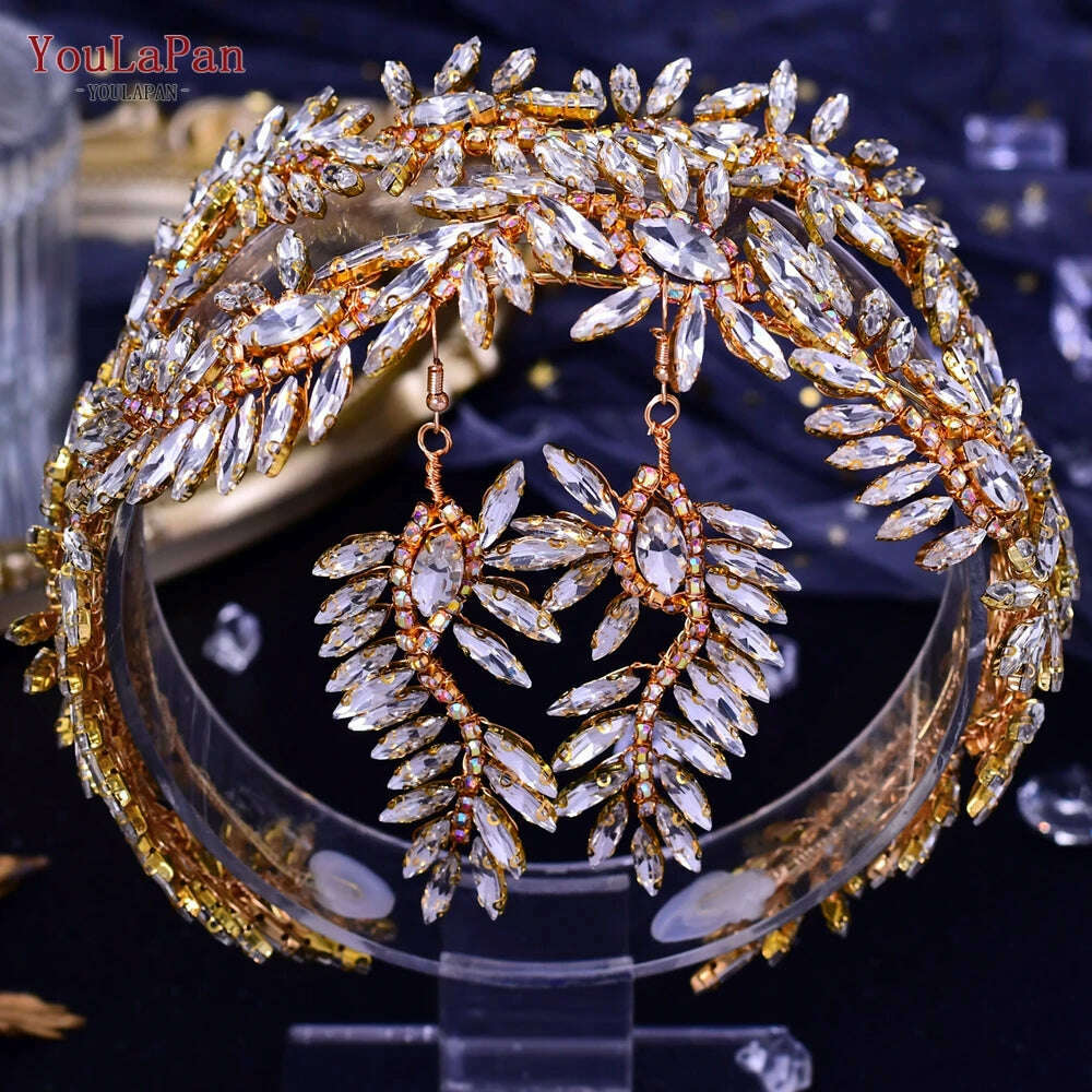 KIMLUD, YouLaPan HP419 Rhinestone Bridal Headband Woman Headpiece Wedding Hair Accessories Bride Hair Tiara and Crown Crystal Headdress, HP407-G one set / Headbands, KIMLUD APPAREL - Womens Clothes