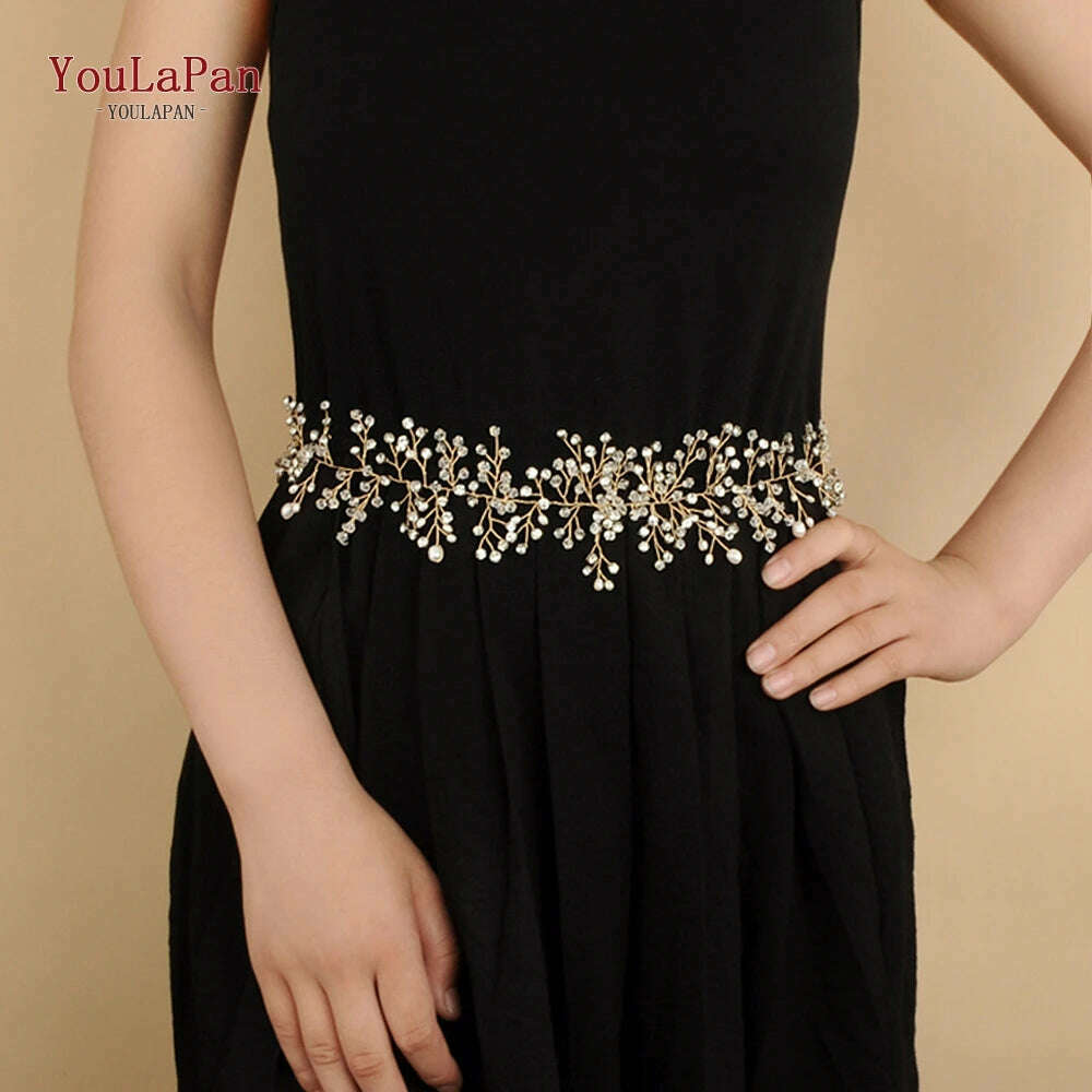 KIMLUD, YouLaPan SH10 Golden Wedding Belt Pearls Crystal Belt Handmade Rhinestone Belt for Wedding Accessories Golden Bridal Sash Belt, KIMLUD Womens Clothes