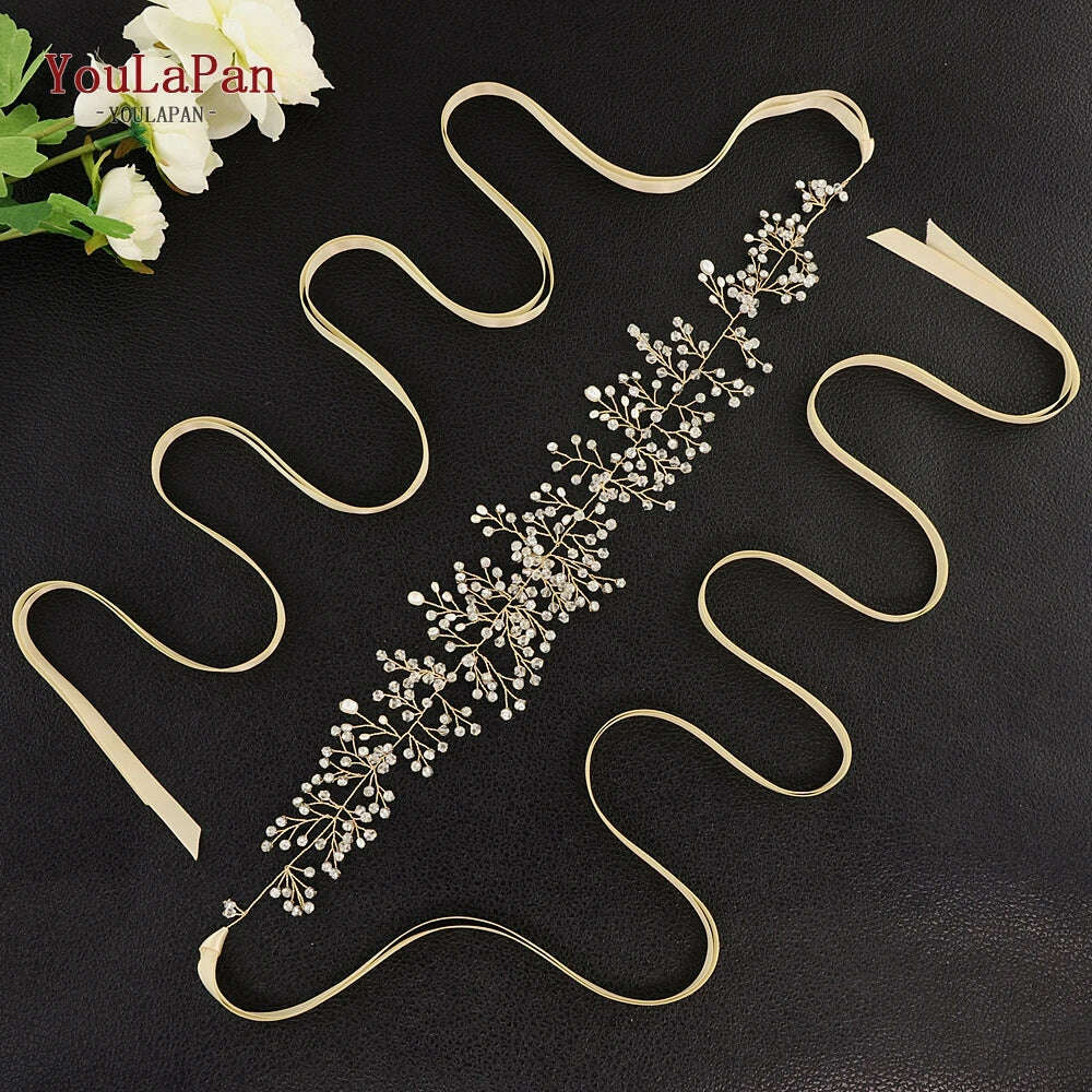 KIMLUD, YouLaPan SH10 Golden Wedding Belt Pearls Crystal Belt Handmade Rhinestone Belt for Wedding Accessories Golden Bridal Sash Belt, KIMLUD Womens Clothes
