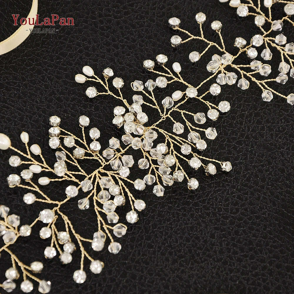 KIMLUD, YouLaPan SH10 Golden Wedding Belt Pearls Crystal Belt Handmade Rhinestone Belt for Wedding Accessories Golden Bridal Sash Belt, KIMLUD Womens Clothes
