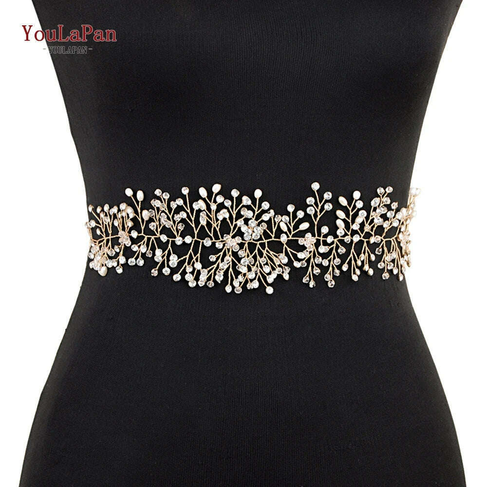 KIMLUD, YouLaPan SH10 Golden Wedding Belt Pearls Crystal Belt Handmade Rhinestone Belt for Wedding Accessories Golden Bridal Sash Belt, KIMLUD Womens Clothes