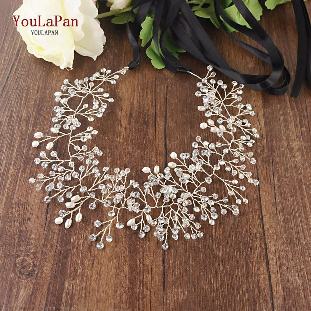 KIMLUD, YouLaPan SH10 Golden Wedding Belt Pearls Crystal Belt Handmade Rhinestone Belt for Wedding Accessories Golden Bridal Sash Belt, KIMLUD Womens Clothes