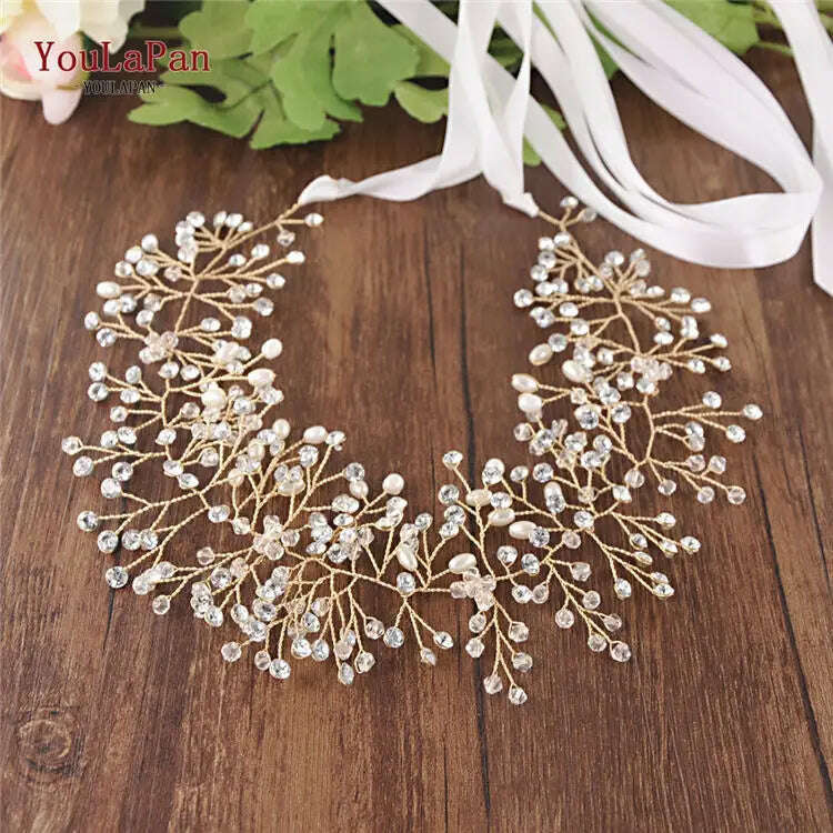 KIMLUD, YouLaPan SH10 Golden Wedding Belt Pearls Crystal Belt Handmade Rhinestone Belt for Wedding Accessories Golden Bridal Sash Belt, White ribbon / golden, KIMLUD APPAREL - Womens Clothes