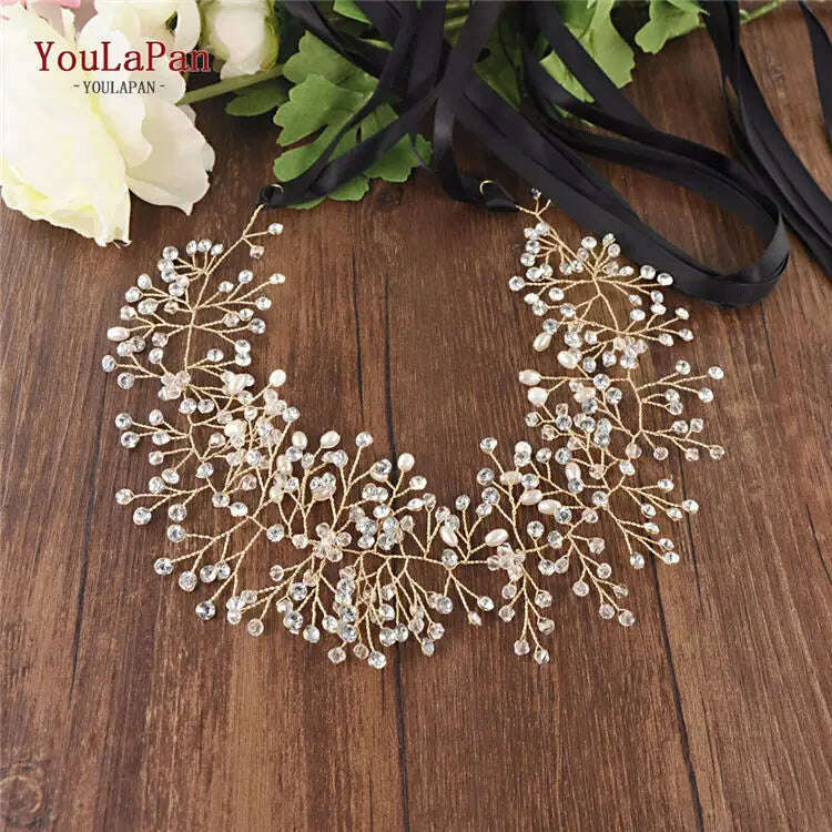 KIMLUD, YouLaPan SH10 Golden Wedding Belt Pearls Crystal Belt Handmade Rhinestone Belt for Wedding Accessories Golden Bridal Sash Belt, Black ribbon / Sliver, KIMLUD APPAREL - Womens Clothes