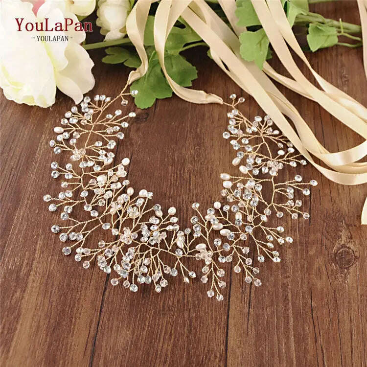 KIMLUD, YouLaPan SH10 Golden Wedding Belt Pearls Crystal Belt Handmade Rhinestone Belt for Wedding Accessories Golden Bridal Sash Belt, Champagne ribbon / Sliver, KIMLUD APPAREL - Womens Clothes