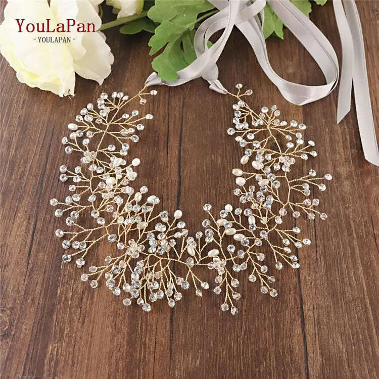 KIMLUD, YouLaPan SH10 Golden Wedding Belt Pearls Crystal Belt Handmade Rhinestone Belt for Wedding Accessories Golden Bridal Sash Belt, Gray ribbon / golden, KIMLUD APPAREL - Womens Clothes