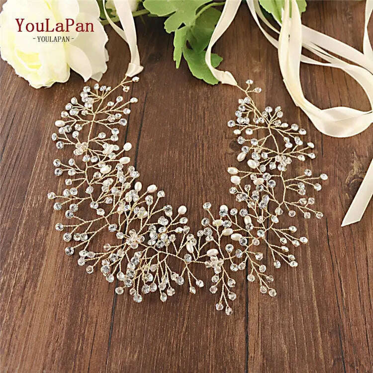 KIMLUD, YouLaPan SH10 Golden Wedding Belt Pearls Crystal Belt Handmade Rhinestone Belt for Wedding Accessories Golden Bridal Sash Belt, Ivory ribbon / Sliver, KIMLUD APPAREL - Womens Clothes