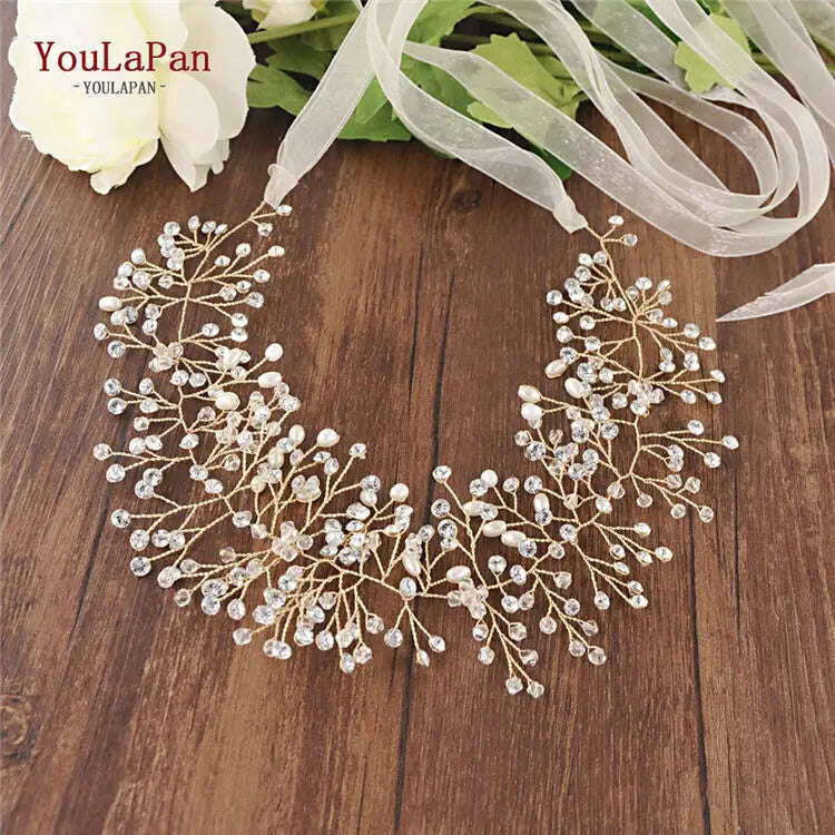 KIMLUD, YouLaPan SH10 Golden Wedding Belt Pearls Crystal Belt Handmade Rhinestone Belt for Wedding Accessories Golden Bridal Sash Belt, Ivory organza / golden, KIMLUD APPAREL - Womens Clothes