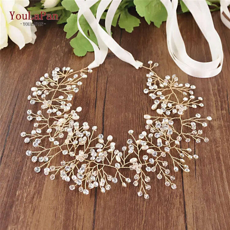 KIMLUD, YouLaPan SH10 Golden Wedding Belt Pearls Crystal Belt Handmade Rhinestone Belt for Wedding Accessories Golden Bridal Sash Belt, Off-White ribbon / golden, KIMLUD APPAREL - Womens Clothes