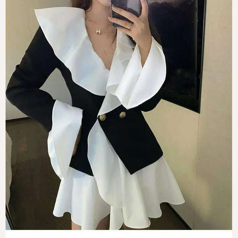 KIMLUD, Yuerwang Women Blazer Dress Lotus Ruffle Long Sleeve Long Patchworok Blazer Black White Coat Women Slim Suit Jacket 2022 New, KIMLUD Womens Clothes