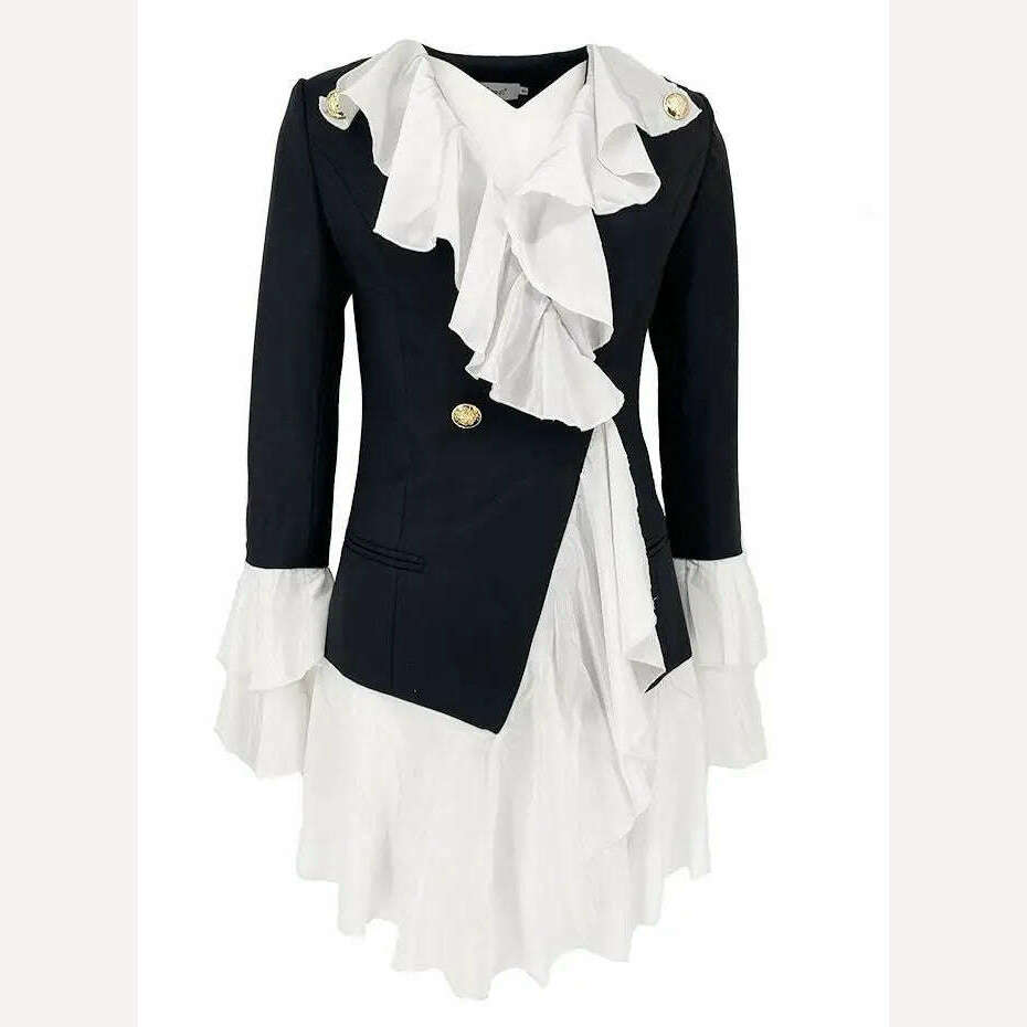 KIMLUD, Yuerwang Women Blazer Dress Lotus Ruffle Long Sleeve Long Patchworok Blazer Black White Coat Women Slim Suit Jacket 2022 New, black white / S, KIMLUD APPAREL - Womens Clothes