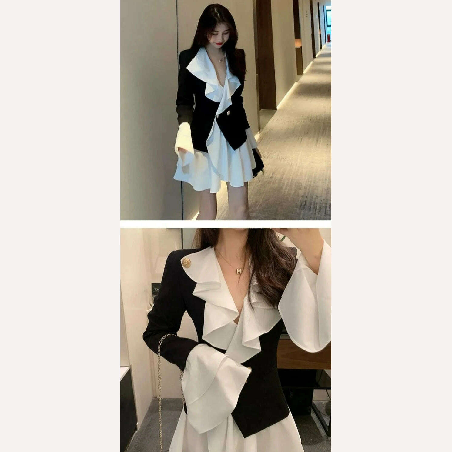 KIMLUD, Yuerwang Women Blazer Dress Lotus Ruffle Long Sleeve Long Patchworok Blazer Black White Coat Women Slim Suit Jacket 2022 New, KIMLUD Womens Clothes