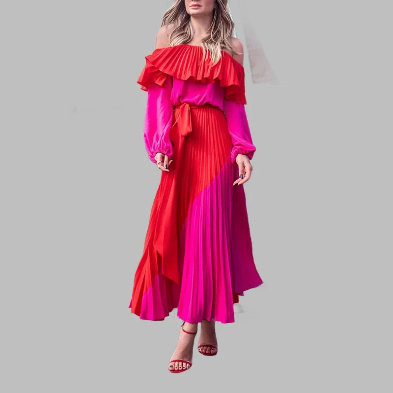 KIMLUD, yuerwang Women Dress Slash Off Shoulder Dresses Evening Party Dress Summer Bandage Long Sleeve Pleated Dress 2022, KIMLUD Women's Clothes