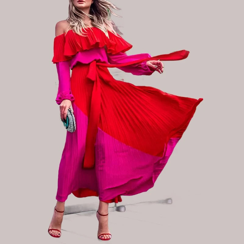 KIMLUD, yuerwang Women Dress Slash Off Shoulder Dresses Evening Party Dress Summer Bandage Long Sleeve Pleated Dress 2022, red / XL, KIMLUD Womens Clothes