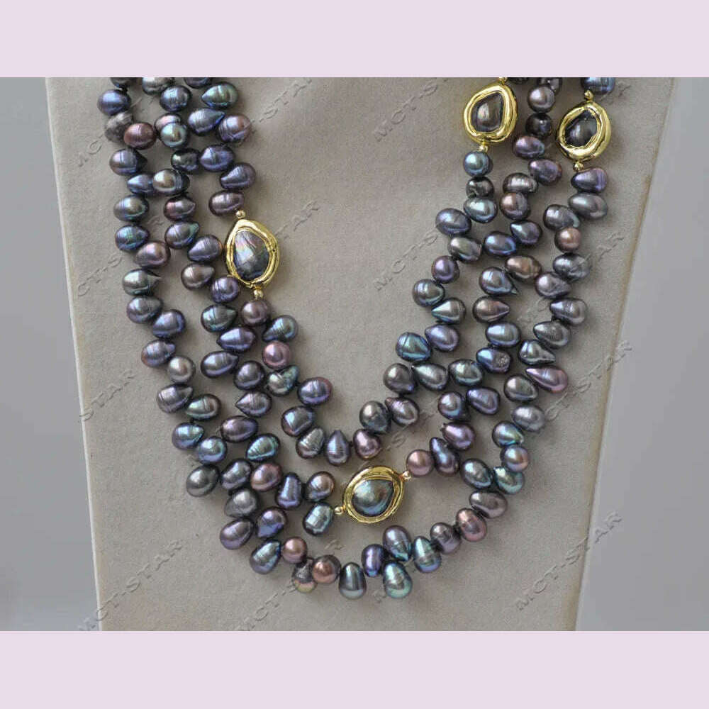 KIMLUD, Z13344 3Row 20" 16mm Peacock Black Rice Gold plated Freshwater Pearl Necklace Custom Jewelry, KIMLUD Womens Clothes