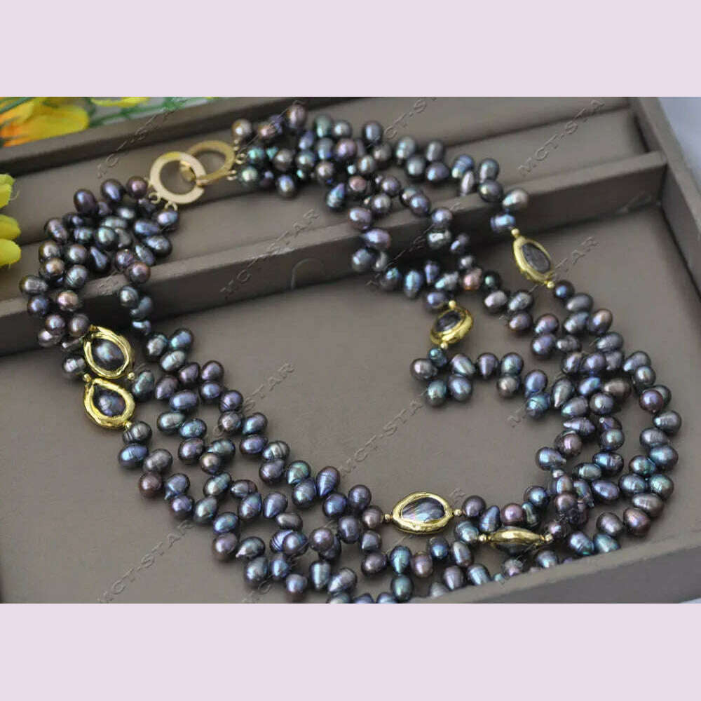 KIMLUD, Z13344 3Row 20" 16mm Peacock Black Rice Gold plated Freshwater Pearl Necklace Custom Jewelry, KIMLUD Womens Clothes