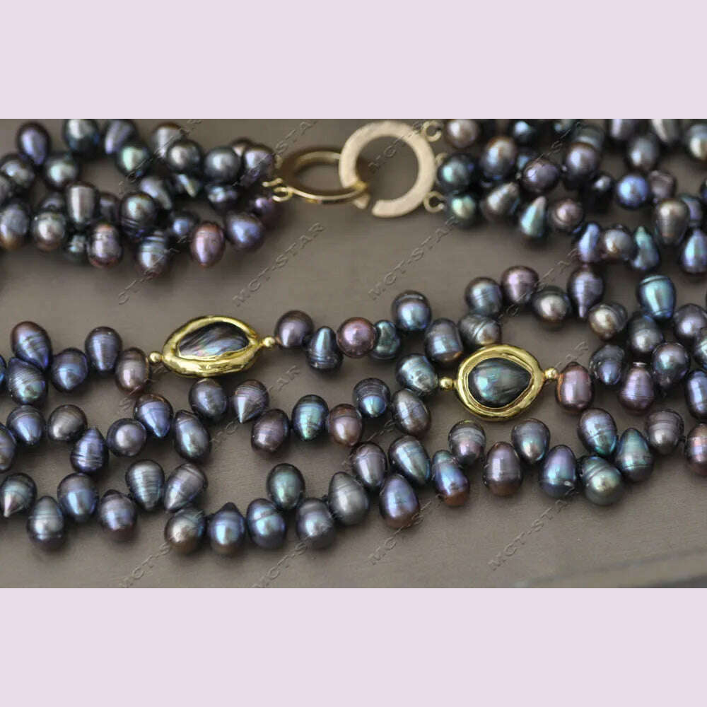 KIMLUD, Z13344 3Row 20" 16mm Peacock Black Rice Gold plated Freshwater Pearl Necklace Custom Jewelry, KIMLUD Womens Clothes