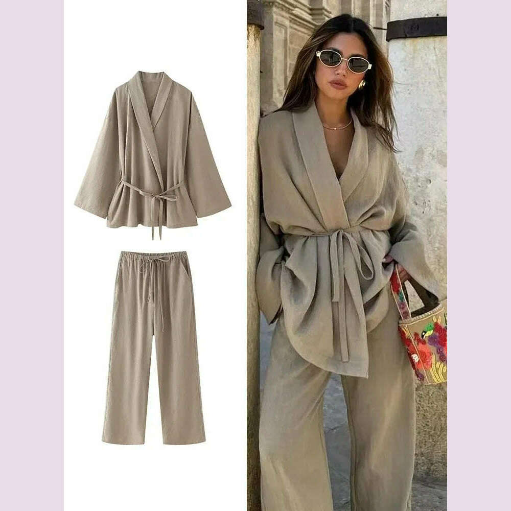 ZABA Women's Fashion Solid Colour Lapel Comfortable Tie Long Sleeve Shirt Casual High Waist Wide Leg Trousers Two Piece Set - KIMLUD