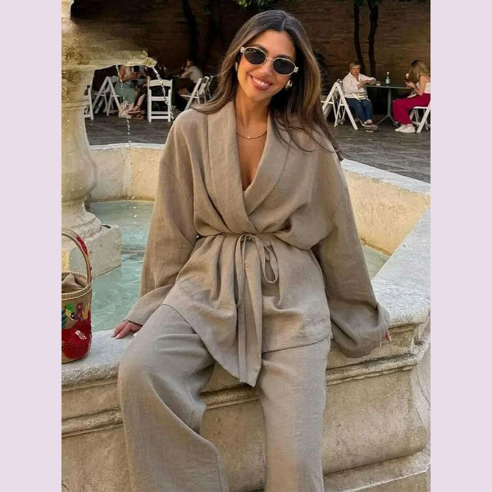 ZABA Women's Fashion Solid Colour Lapel Comfortable Tie Long Sleeve Shirt Casual High Waist Wide Leg Trousers Two Piece Set - KIMLUD