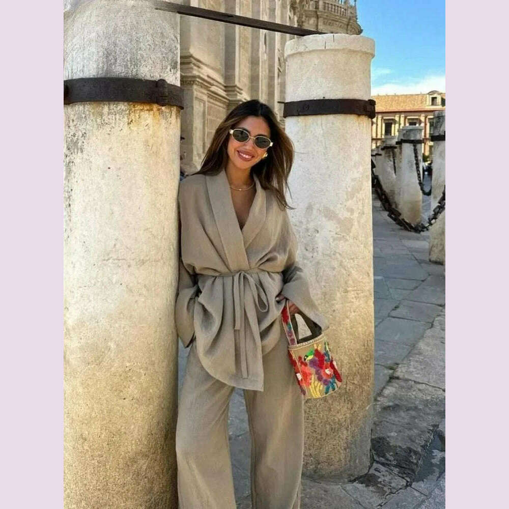 ZABA Women's Fashion Solid Colour Lapel Comfortable Tie Long Sleeve Shirt Casual High Waist Wide Leg Trousers Two Piece Set - KIMLUD