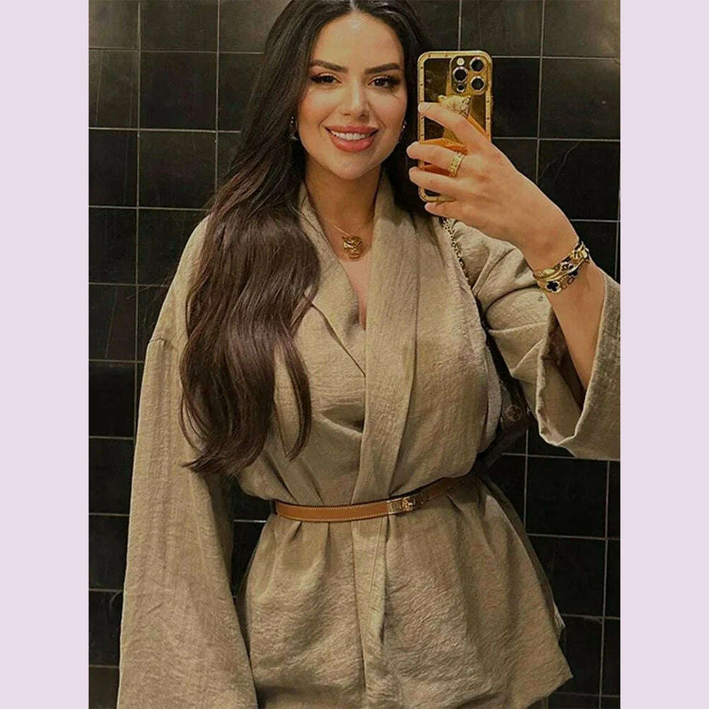 ZABA Women's Fashion Solid Colour Lapel Comfortable Tie Long Sleeve Shirt Casual High Waist Wide Leg Trousers Two Piece Set - KIMLUD