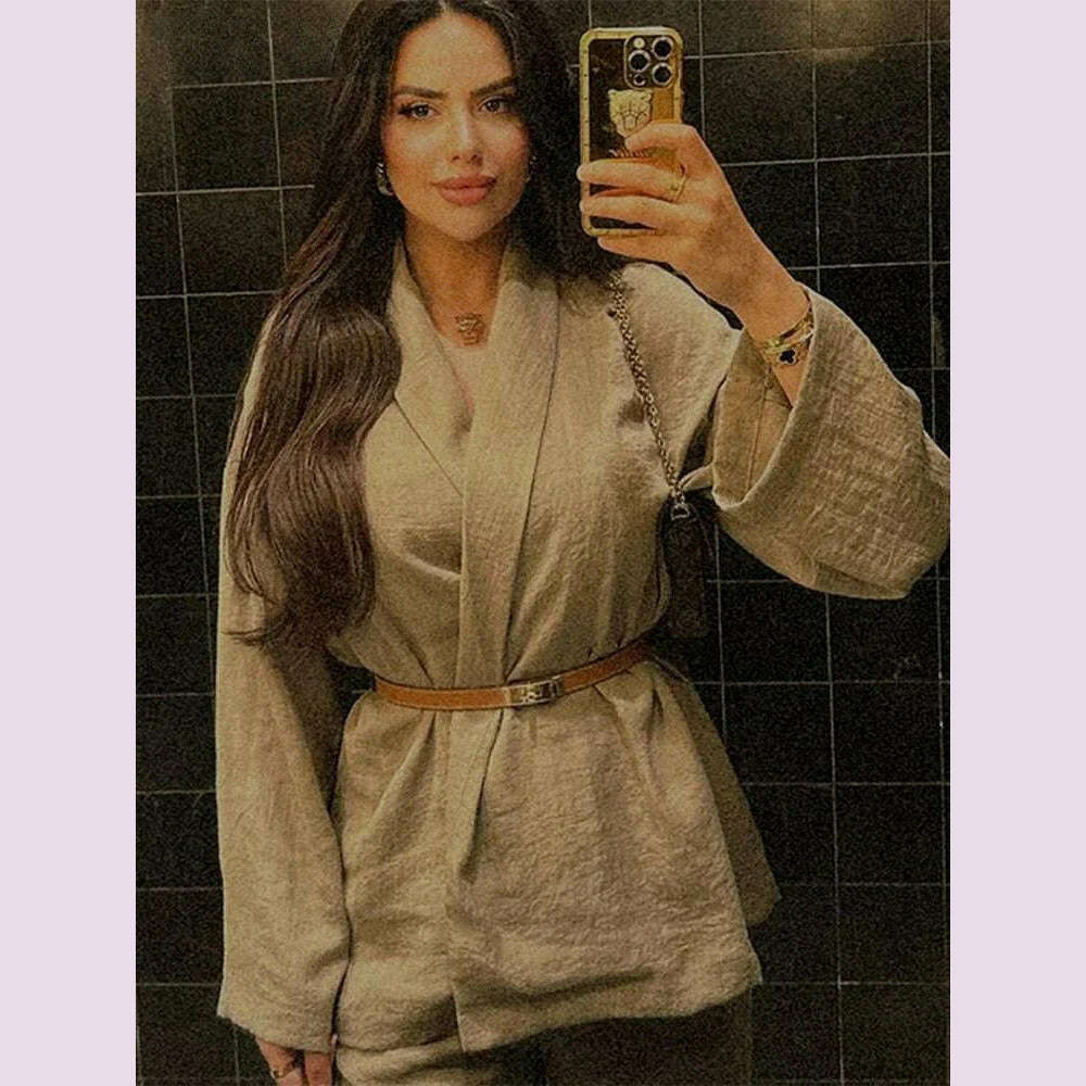 ZABA Women's Fashion Solid Colour Lapel Comfortable Tie Long Sleeve Shirt Casual High Waist Wide Leg Trousers Two Piece Set - KIMLUD