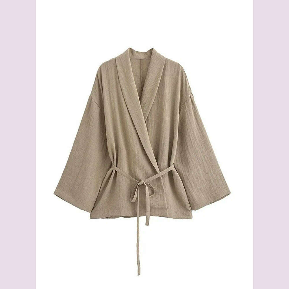 ZABA Women's Fashion Solid Colour Lapel Comfortable Tie Long Sleeve Shirt Casual High Waist Wide Leg Trousers Two Piece Set - KIMLUD