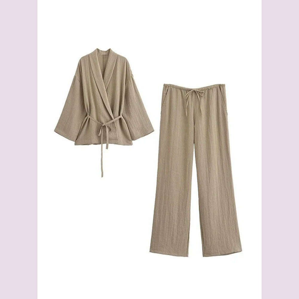 ZABA Women's Fashion Solid Colour Lapel Comfortable Tie Long Sleeve Shirt Casual High Waist Wide Leg Trousers Two Piece Set - KIMLUD