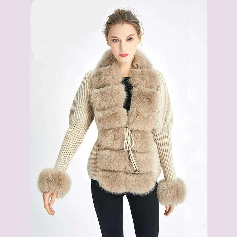 ZADORIN Luxury Fur Cardigan Knit Winter Sweater Women Elegant Detachable Fur Belt White Pink Black Womens Cardigan Korea Style - KIMLUD