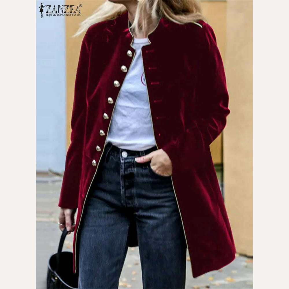 KIMLUD, ZANZEA  2023 Winter Vintage Women Coat Casual Stand Collar Buttons JacketsOversized Solid Retro Elegant Long Sleeve Outerwear, 5XL / Wine Red, KIMLUD Womens Clothes
