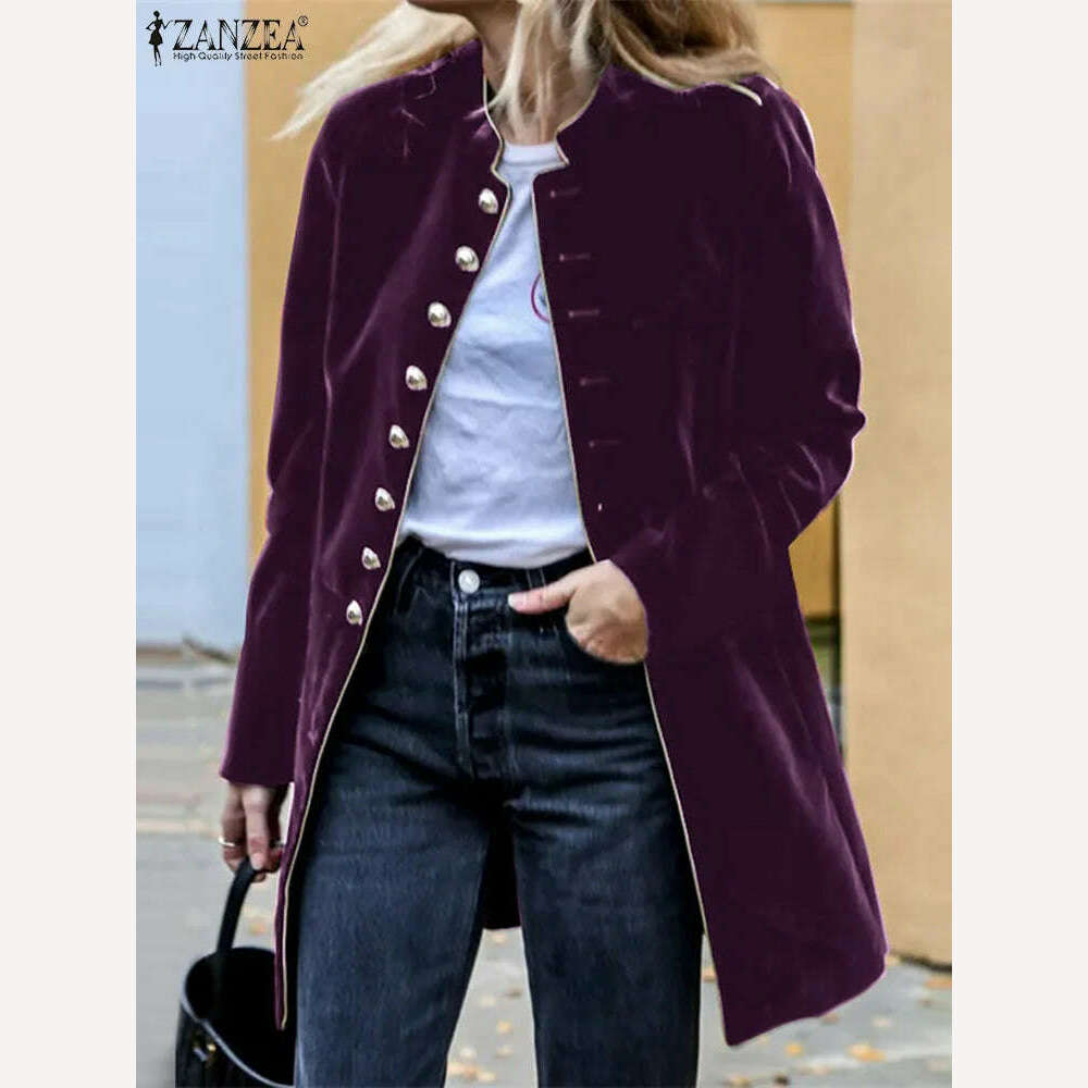 KIMLUD, ZANZEA  2023 Winter Vintage Women Coat Casual Stand Collar Buttons JacketsOversized Solid Retro Elegant Long Sleeve Outerwear, 5XL / PURPLE, KIMLUD Womens Clothes