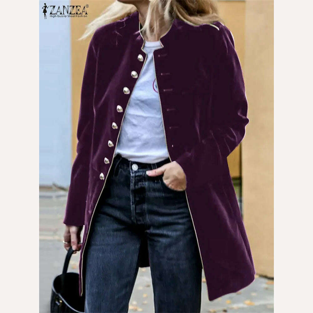 KIMLUD, ZANZEA 2023 Winter Vintage Women Coat Casual Stand Collar Buttons JacketsOversized Solid Retro Elegant Long Sleeve Outerwear, 4XL / PURPLE, KIMLUD APPAREL - Womens Clothes
